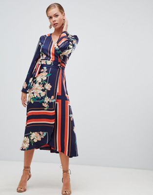 boohoo kimono sleeve midi dress in mixed stripe and floral print