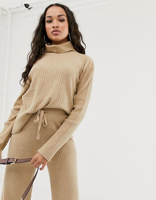 Boohoo knitted roll neck jumper co-ord in camel