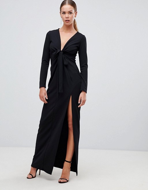 Boohoo knot front plunge maxi dress in black