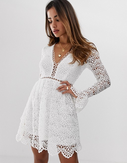 Boohoo lace skater dress with flared cuffs in white