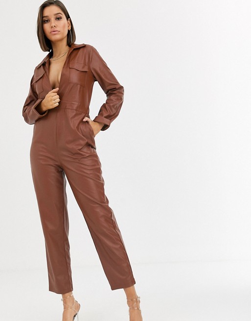 Boohoo leather look utility jumpsuit in chocolate