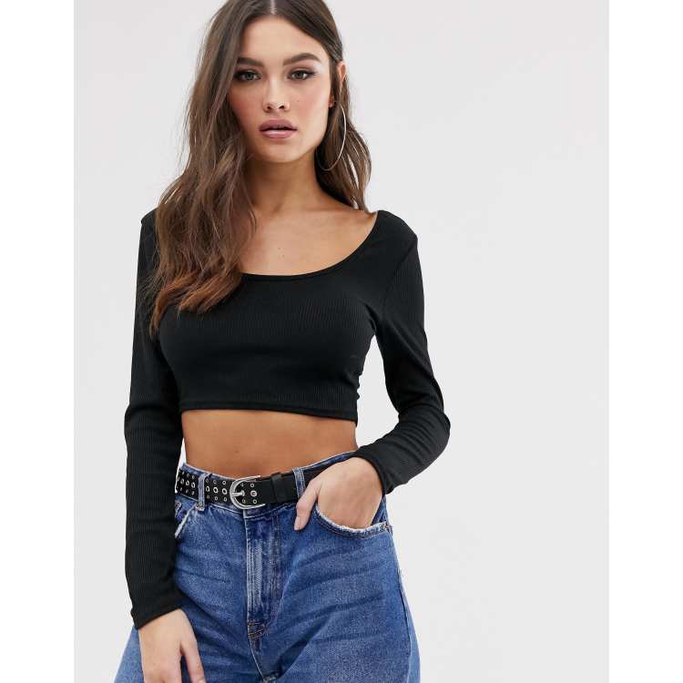 Stradivarius scoop neck long sleeve crop top in black