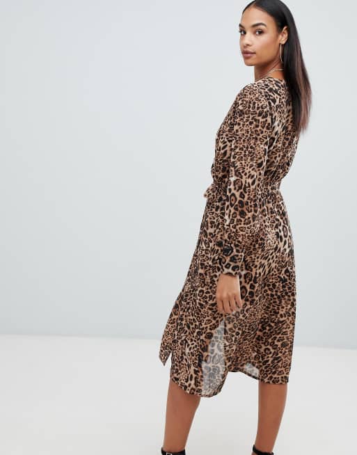 Boohoo long sleeve wrap front midi dress in leopard ASOS