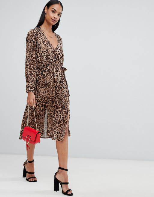 Boohoo long sleeve wrap front midi dress in leopard, 4 of 4