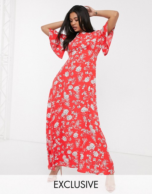 Boohoo maxi dress with flared sleeves and open back in red floral