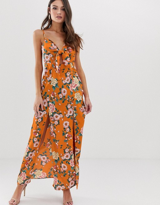 Boohoo maxi dress with side splits in orange floral