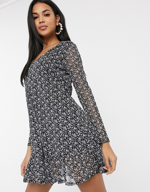 Boohoo mesh layered dress with ruffle hem in black ditsy floral