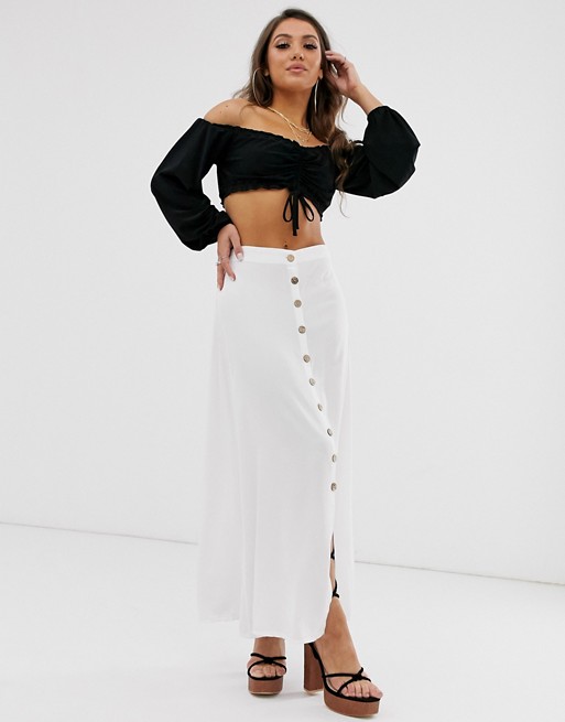 Boohoo midaxi skirt with buttons in white