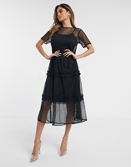 Boohoo midi dress with layered dobby mesh in black