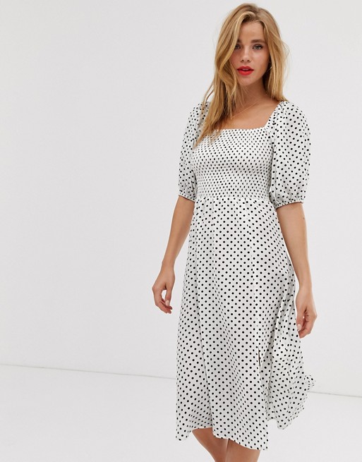 Boohoo midi dress with puff sleeve and shirring in white polka dot