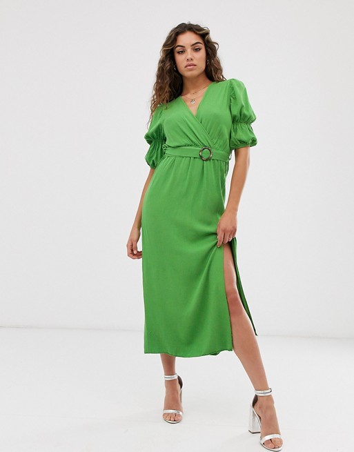 Boohoo midi dress with side split and puff sleeve in green