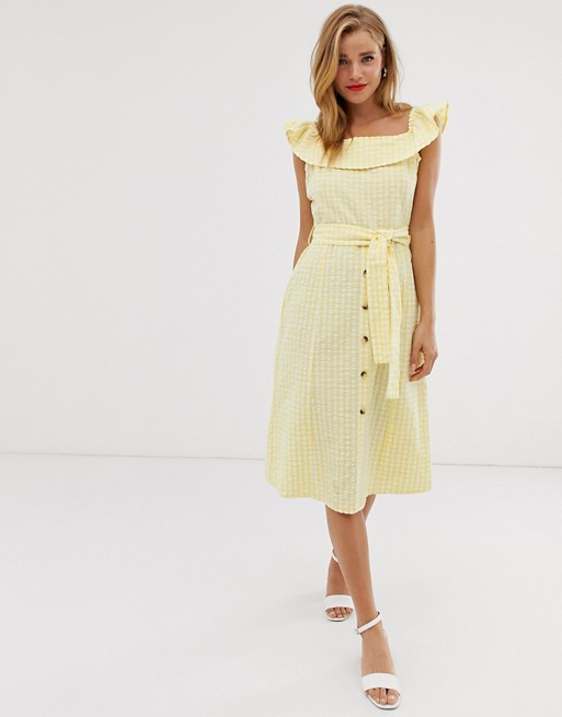Boohoo midi dress with square neck and ruffle trim in yellow gingham