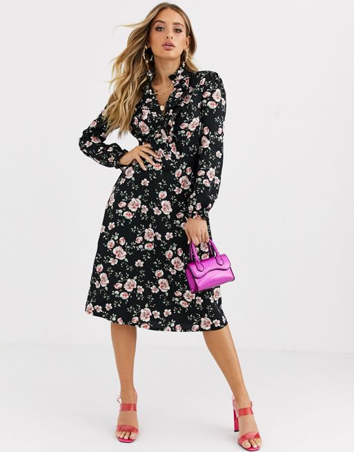 Boohoo midi shirt dress with frill details in black floral | ASOS
