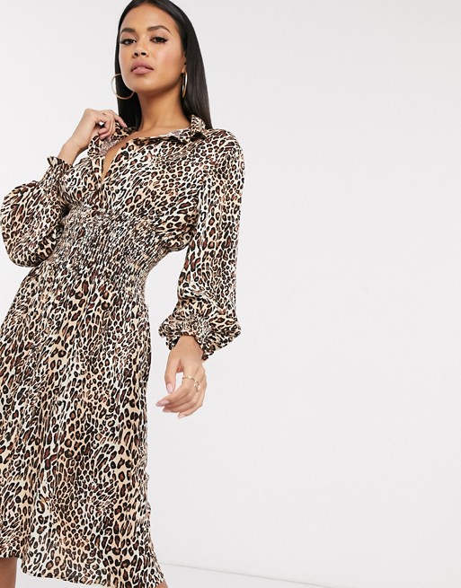 Boohoo midi shirt dress with shirred waist and puff sleeves in leopard print