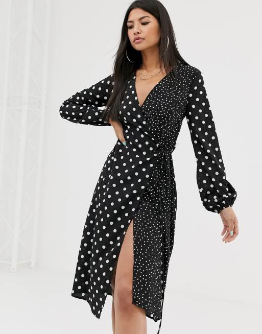 Boohoo midi wrap dress in mixed polka dot print | ASOS