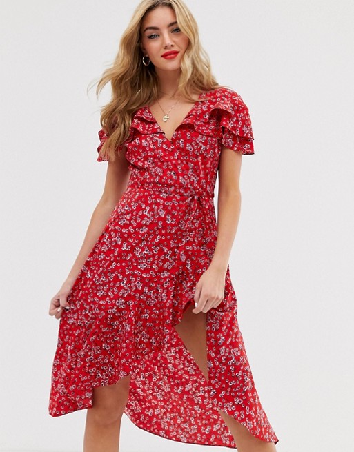 Boohoo midi wrap dress in red ditsy floral