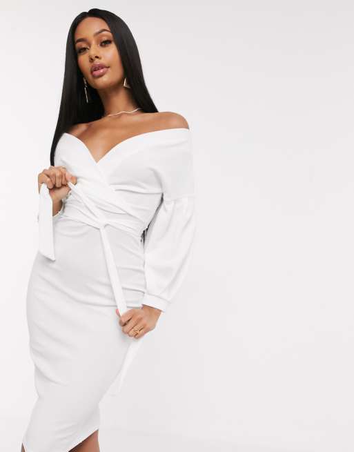 Boohoo Mittellanges Bodycon Kleid mit Puff rmeln in Wei ASOS