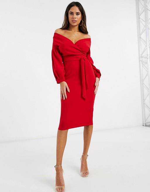 Boohoo off shoulder bodycon midi dress with puff sleeves and tie waist in red
