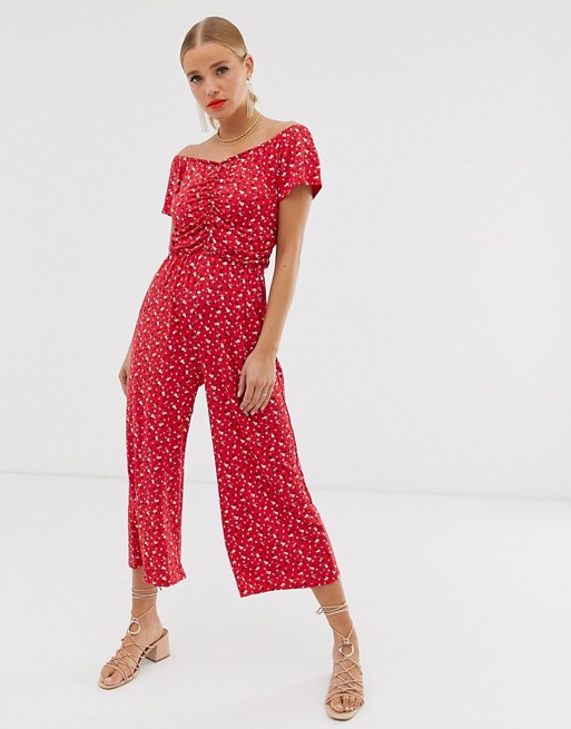 Boohoo off shoulder culotte jumpsuit in red ditsy floral