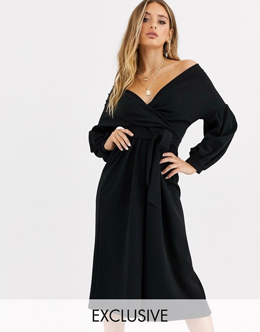 Boohoo off shoulder culotte jumpsuit with belted waist in black