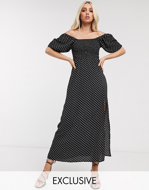 Boohoo off shoulder maxi dress with shirred detail and thigh split in black polka dot