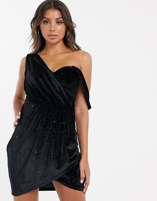 Boohoo off shoulder velvet mini dress in black sparkle black