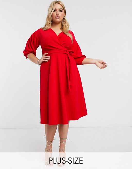 Boohoo plus off shoulder wrap front midi dress in red