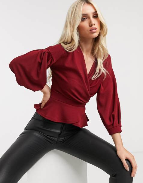 Boohoo off shoulder wrap top with peplum and tie waist in burgundy