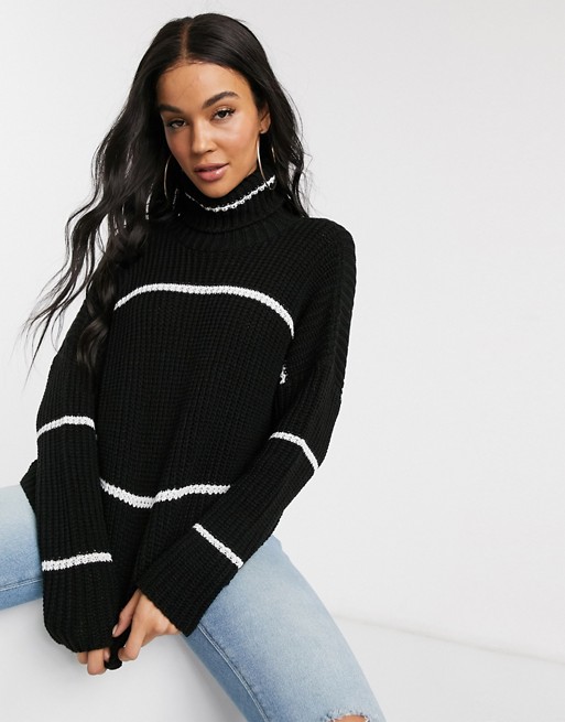 Boohoo oversized jumper with roll neck in black with white stripe