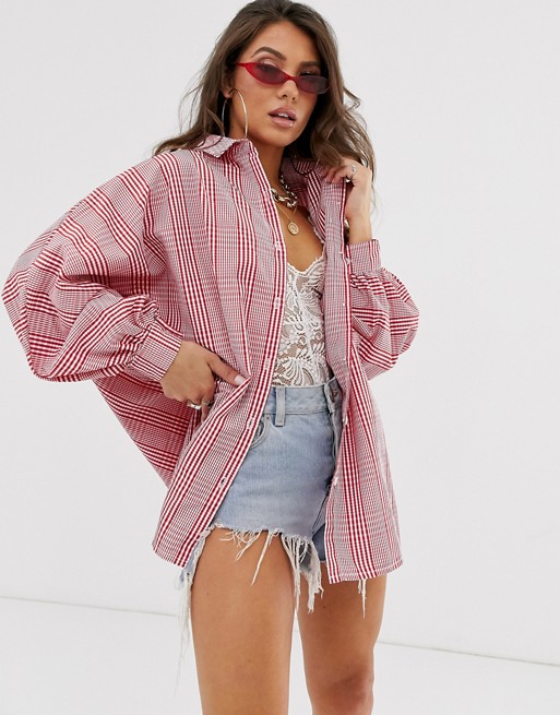Boohoo oversized shirt with balloon sleeves in red check