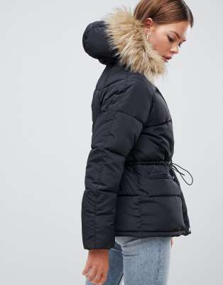 Boohoo padded coat with fur 2025 trim and waist detail in black