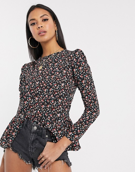 Boohoo peplum blouse with long sleeves in ditsy floral