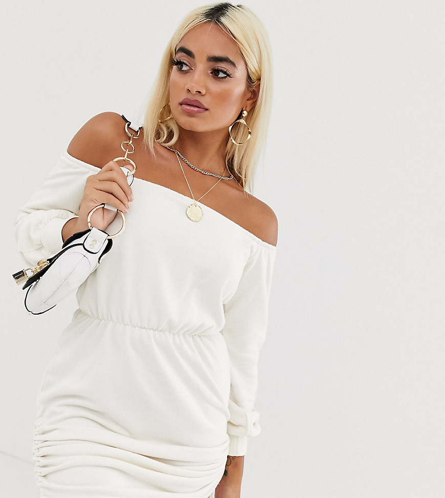 Boohoo Petite bardot sweat dress with ruched side in white