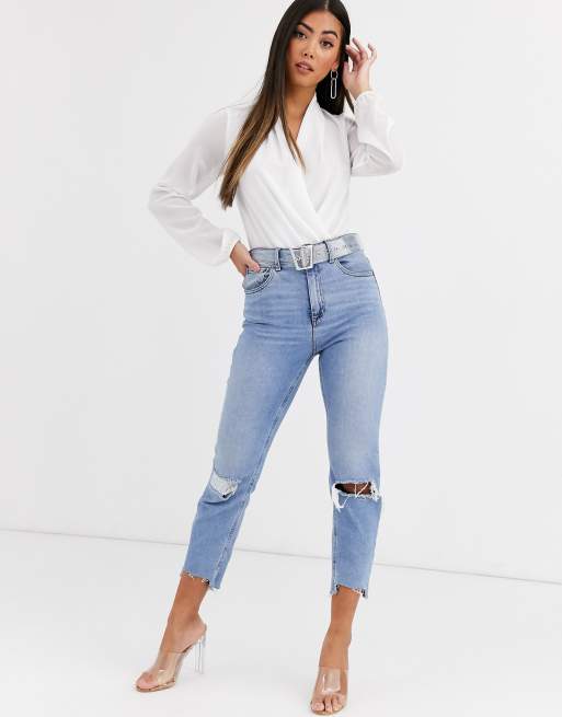 Boohoo Petite basic wrap chiffon body in white