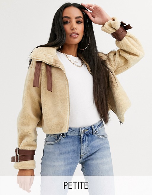 Boohoo Petite cropped teddy borg jacket with contrast leather look trim in camel