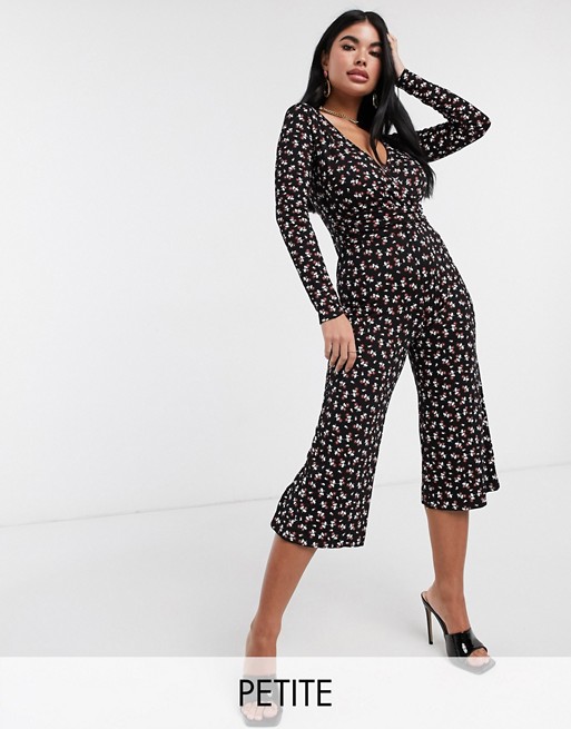 Boohoo Petite culotte jumpsuit with long sleeves in ditsy floral print
