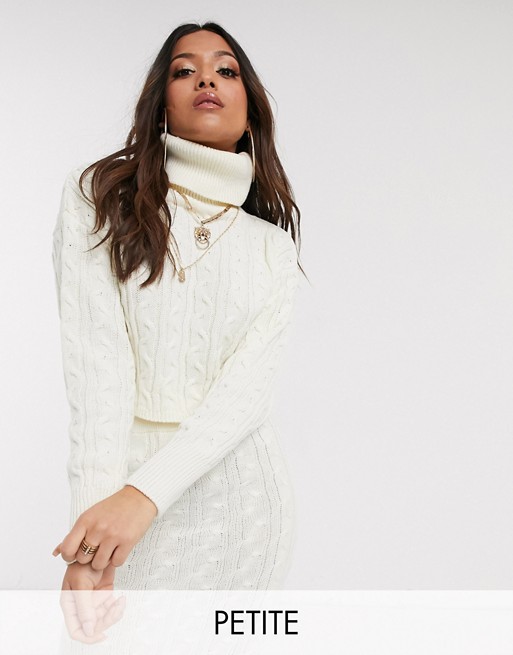 Boohoo Petite exclusive co-ord cable knit jumper with roll neck in white