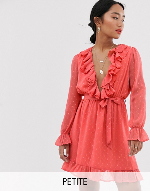 Boohoo Petite exclusive dobby shift dress with ruffle trim and tie waist in pink