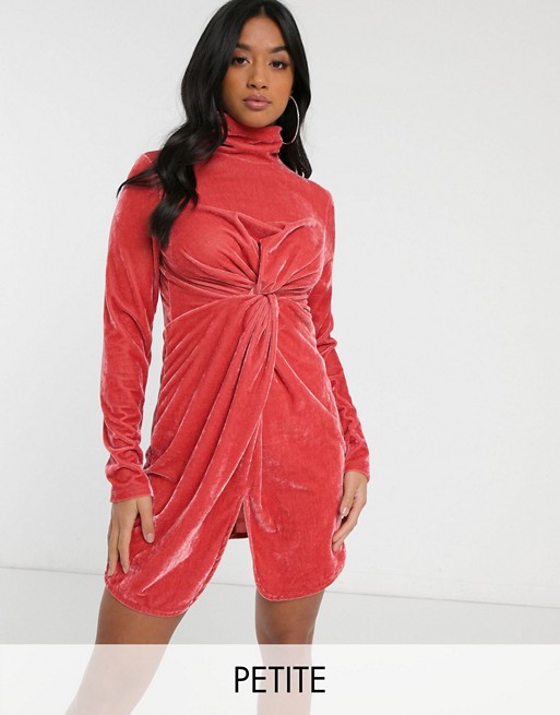 Boohoo Petite exclusive high neck bodycon mini dress with twist front in pink velvet