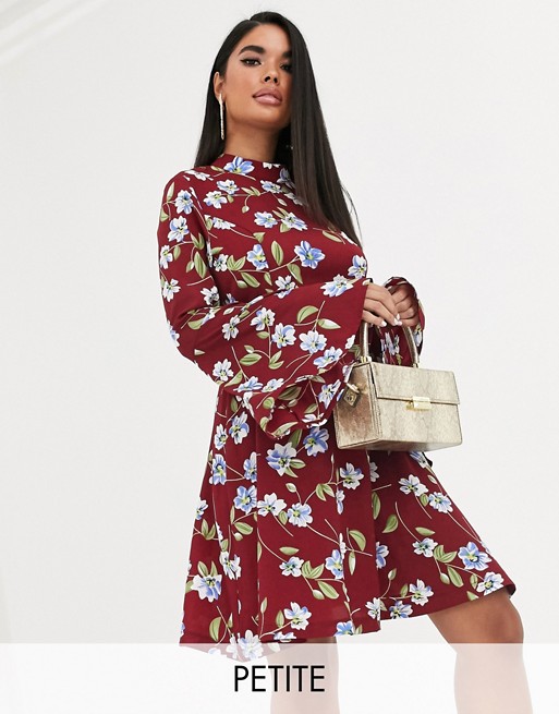 Boohoo Petite exclusive high neck skater dress with flare sleeve in red floral