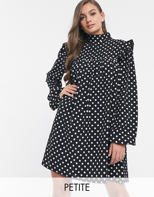 Boohoo Petite exclusive high neck smock dress with ruffle detail in black polka dot