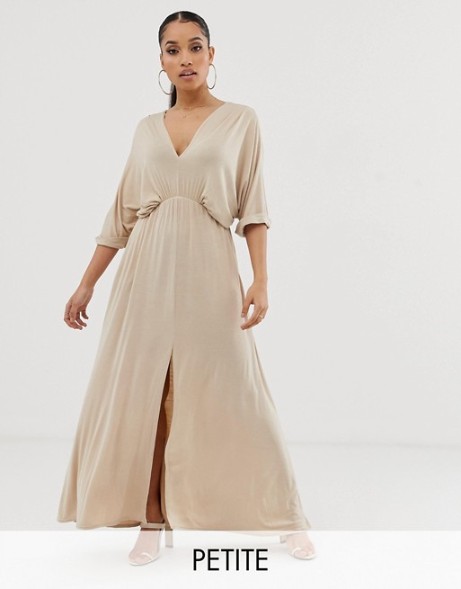 Boohoo Petite exclusive jersey maxi dress with split detail in stone