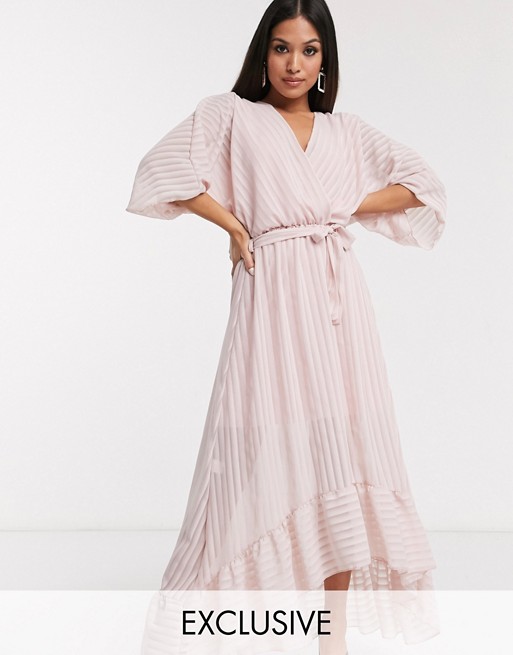 Boohoo Petite exclusive midi dress with ruffle hem and belted waist in pale pink