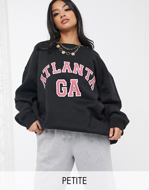 Boohoo Petite exclusive oversized sweater with Atlanta slogan in black