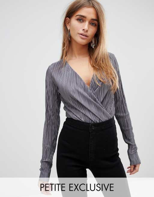 Boohoo Petite exclusive petite plisse wrap bodysuit in grey