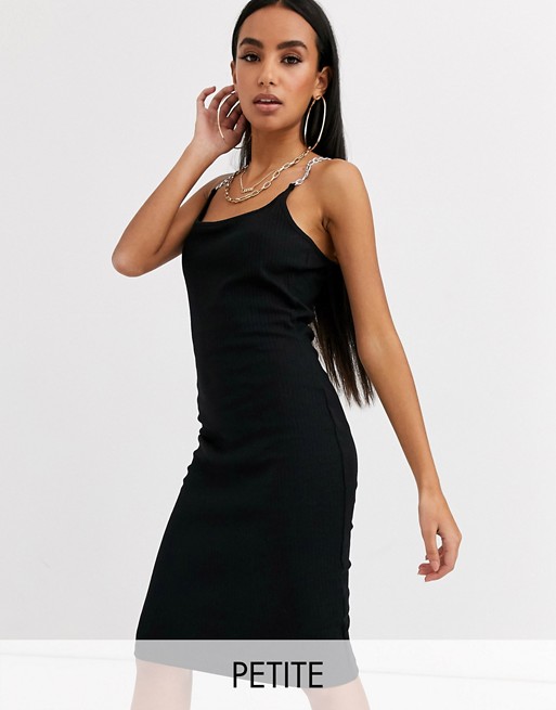 Boohoo Petite exclusive ribbed bodycon midi dress with chain straps in black