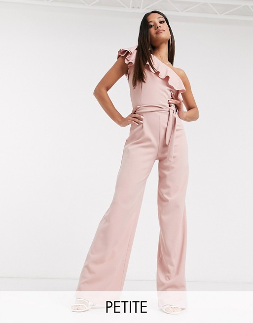 Boohoo Petite exclusive ruffle one shoulder jumpsuit with tie waist in blush
