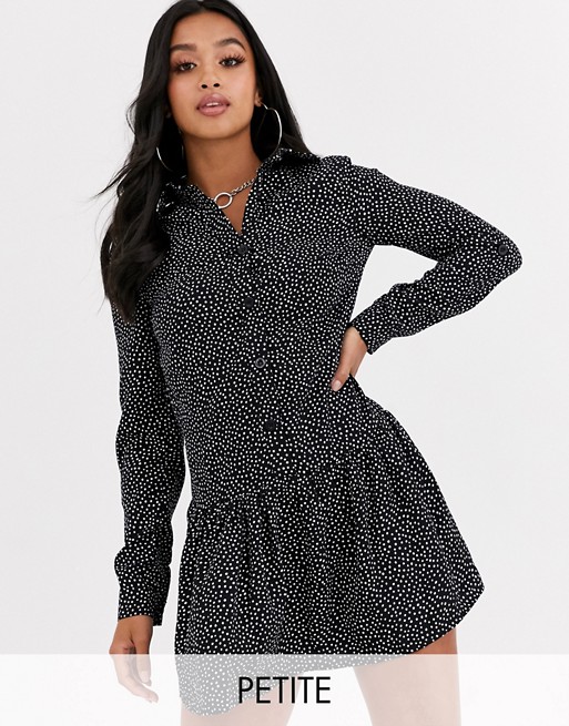 Boohoo Petite exclusive shirt smock dress in black polka dot