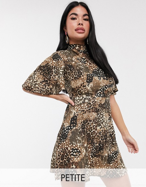 Boohoo Petite Exclusive skater dress with angel sleeve in leopard print