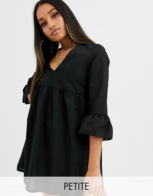 Boohoo Petite exclusive smock dress with v neck and flared sleeve in black